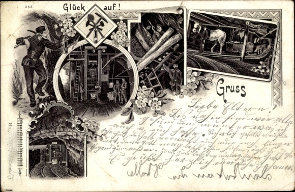 Chromo-Litho luck on, colliery, miners, horse in the tunnel