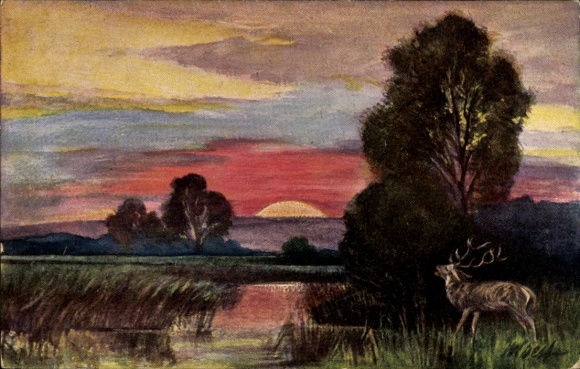 Künstler Ak Landschaftsmotiv bei Sonnenuntergang, Hirsch