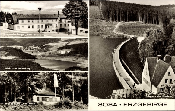 Postcard Sosa Eibenstock in the Ore Mountains, Karl Marx hiking hut, Hans Beimler youth hostel