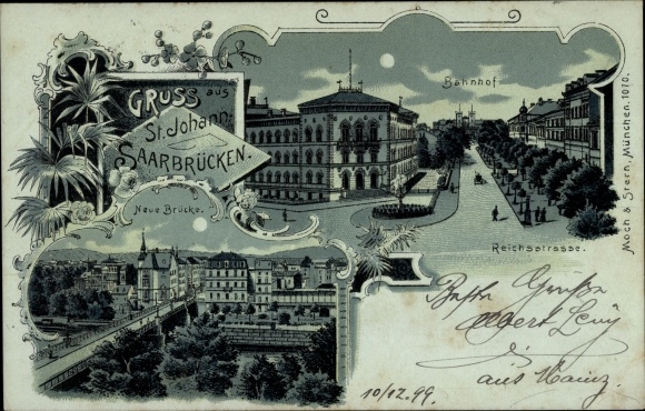Mondschein Litho St. Johann Saarbrücken im Saarland, Bahnhof, neue Brücke, Reichsstraße