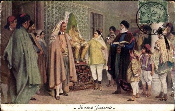 Judaika Postcard Jews in traditional costumes, festival, family