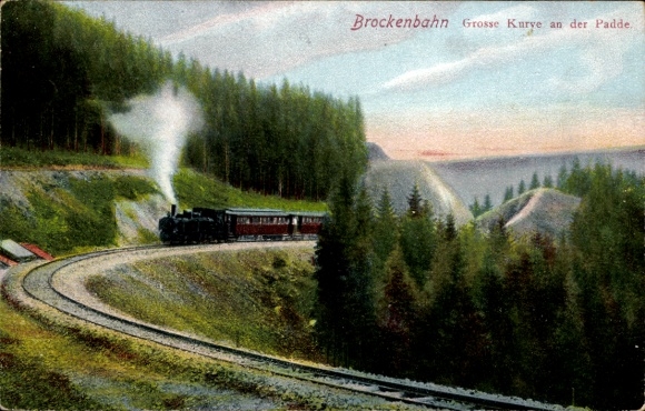 Ak Brocken Nationalpark Harz, Brockenbahn, Große Kurve an der Padde, Dampflok