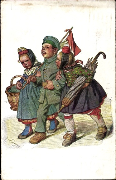 Artist PC Beithan, Emil, girl in Hessian costumes, soldier in uniform