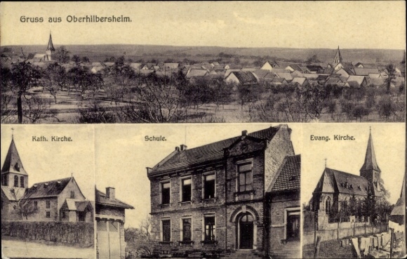 KP Ober Hilbersheim w Rheinhessen, kościoły, szkoła, widok całkowity