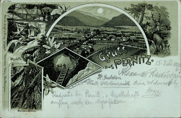 Mondschein Litho Pernitz in Niederösterreich, Myrafälle, Steinwandklamm, Türkenloch, Panorama