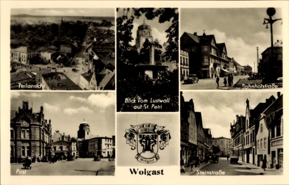 Ak Wolgast in Mecklenburg Vorpommern, Bahnhofstraße, Blick v. Lustwall auf St. Petri, Post, Wappen