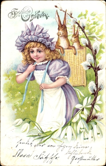 Postcard Congratulations Easter, girl with Easter bunny, pussy willow, flowers