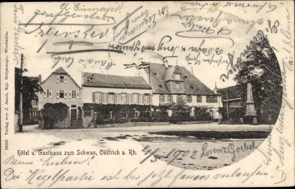 Ak Oestrich Winkel am Rhein Rheingau, Hotel und Gasthaus zum Schwan, Denkmal