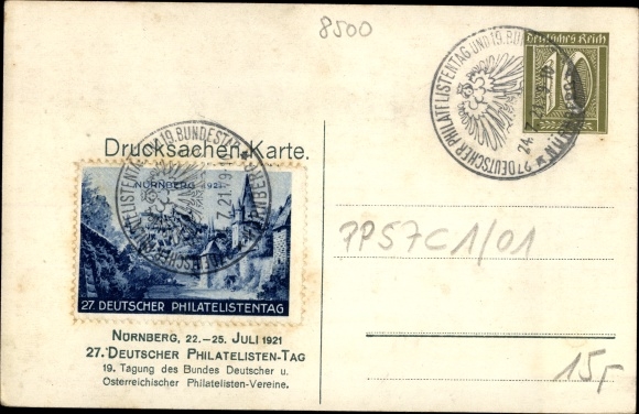 Postal stationery coat of arms PC Nuremberg in Middle Franconia Bavaria, 27th German Philatelic Day 1921