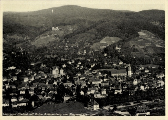 Postcard Oberkirch im Renchtal Baden, aerial photograph, ruins of Schauenburg