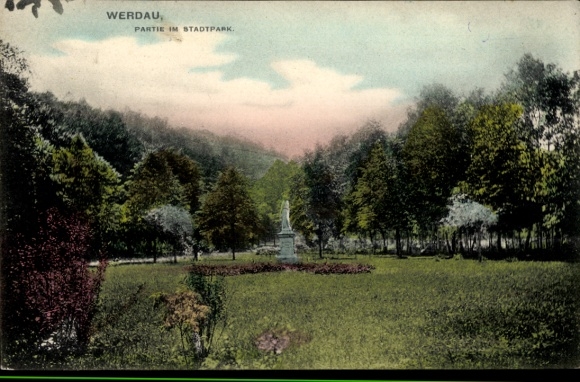 Postcard Werdau in Saxony, city park, statue, trees, meadow, colored illustration