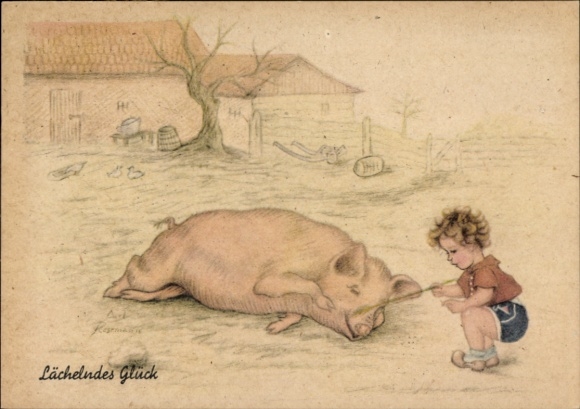 Artist Postcard Smiling Happiness, Child tickling a pig with a fern