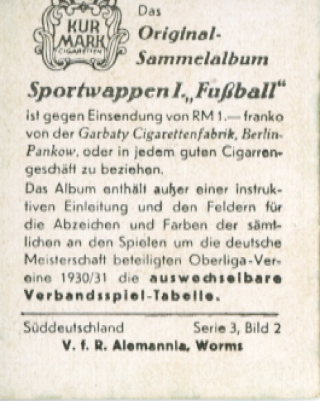 Obraz kolekcjonerski herb sportowy, piłka nożna, południowe Niemcy, VfR Alemannia Worms, zdjęcie nr 2