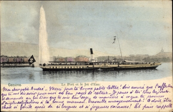 KP Genève Genewa Szwajcaria, widok na port, Jet d'Eau, parowiec