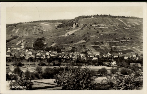 Postcard Erlenbach am Main in Lower Franconia, lots of landscape, vineyards, village with houses, church