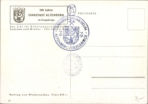 Kunstenaarskaart Heinmann, Ertsgebergte Altenberg, 500 jaar Zinnstadt, afstandsschot, kerk, plaats