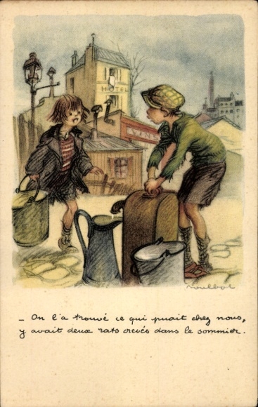 Artist Postcard Poulbot, Francisque, Boy at the Water Pump, Girl with a Bucket