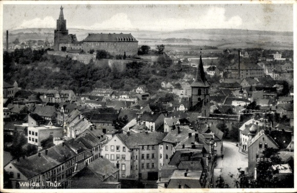 Ak Weida in Thüringen, Weida i. Thor, Blick auf Stadt, Kirche, Burg, Grafiken