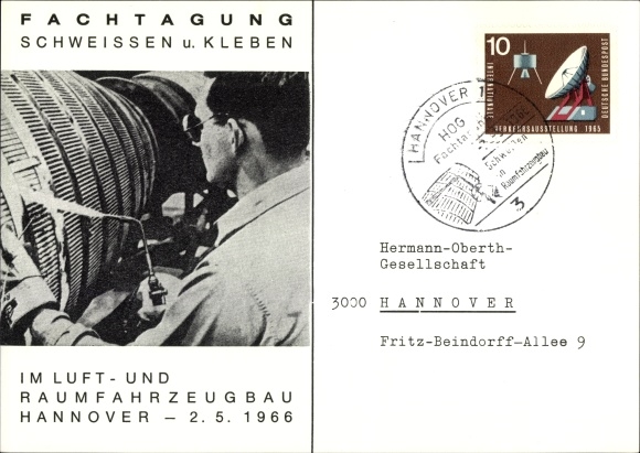 Postcard Hanover, symposium on welding and bonding in aircraft and spacecraft construction 1966, H. Oberth Gesellsch.