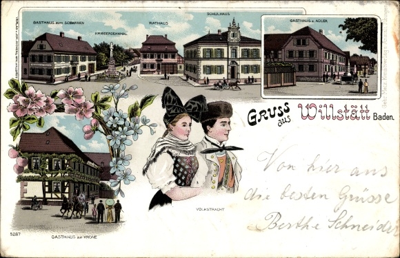 Chromo-Litho Willstätt in Baden, Inn zur Krone, Adler, zum Schwanen, school, town hall, costume