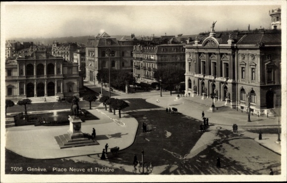 Ak Genf Stadt Schweiz, Genève, Place Neuve, Théâtre, Stadtansicht, Menschen, Statue