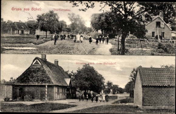 Ak Bokel nabij Rendsburg, Dorfstrasse, straat na het treinstation