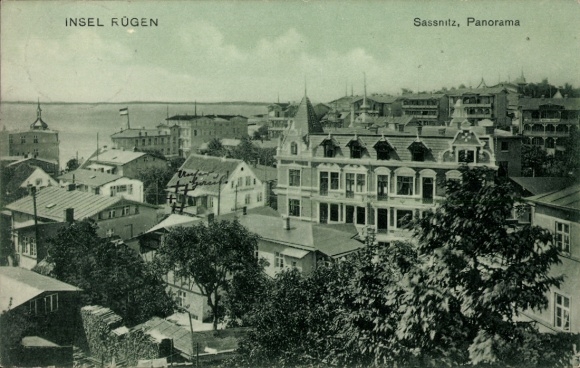Ak Sassnitz auf Rügen, Panorama von  Insel Rügen, Meerblick, Bäume, Häuser