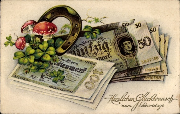 Postcard Happy Birthday, 100 Reichsmarks, Fifty Reichsmarks