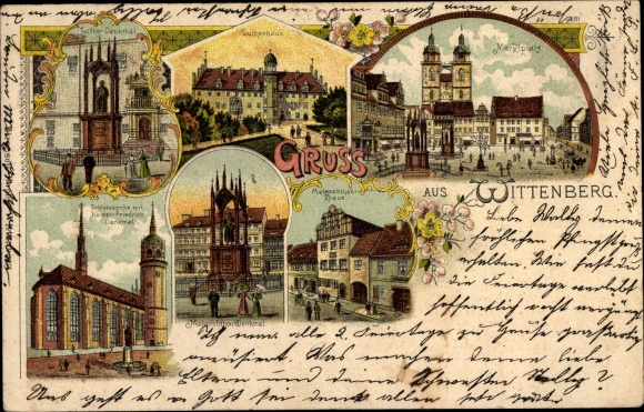 litho Lutherstadt Wittenberg, Lutherhaus, marktplein, monument, kasteelkerk, Melanchthonhaus