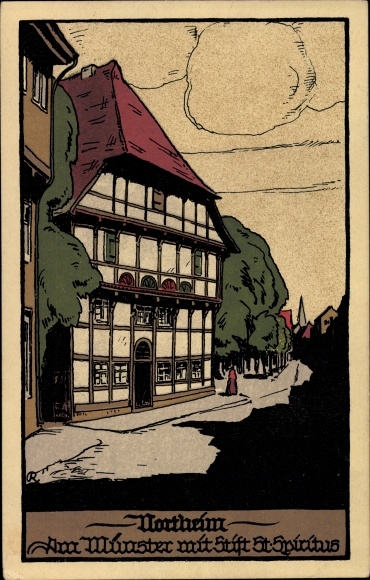 lithografie ansichtkaart Northeim in Nedersaksen, Am Münster met klooster St. Spiritus