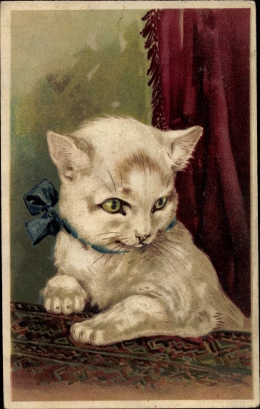 Präge Litho Katze mit blauem Halsband