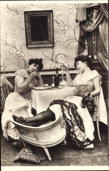 Postcard Parisiennes fin de siecle, women at the table, wardrobe, stockings