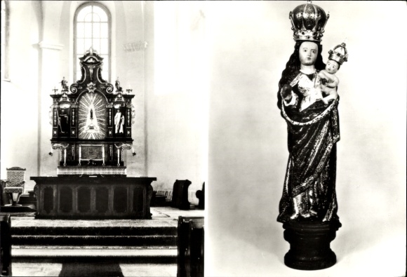 Ak Rosenthal Bielatal Saksisch Zwitserland, bedevaartskerk, beeld met Maria en Jezus, sfeer