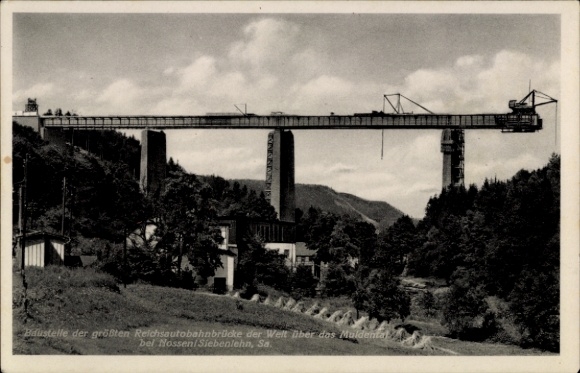 Ak Nossen Landkreis Meißen, Baustelle der größten Reichsautobahnbrücke der Welt über das Muldenthal