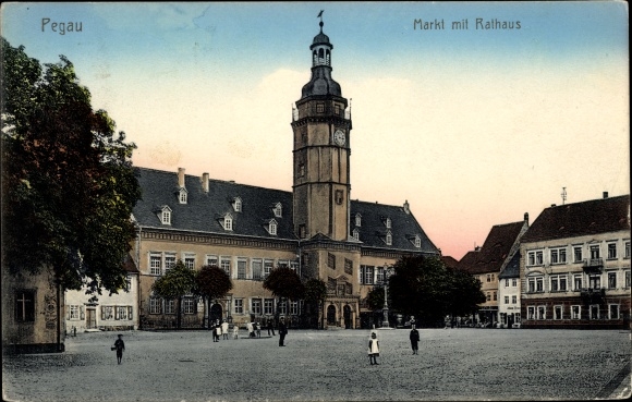 Postcard Pegau in Saxony, market, town hall