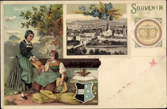 Litho Aarau Kanton Aargau, Reklame, Chocolat Suchard, Frauen in Trachten, Stadtansicht