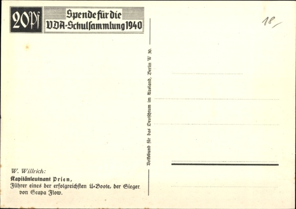 Artist Postcard Willrich, Wolfgang, Lieutenant Commander Günther Prien, Knight's Cross recipient, VDA 1940