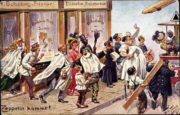Artist Postcard Thiele, Arthur, Zeppelin comes, butcher and hairdresser with customers