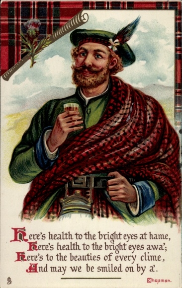 Postcard man in Scottish costume, beer, Here's health to the bright eyes at hame...