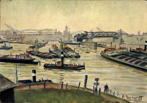Künstler Ak Ruhrort Duisburg im Ruhrgebiet, Hafenbecken B., Ruhrbrücke