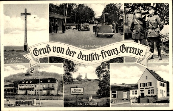Postcard Saarbrücken, Goldene Bremm, German-French border, barrier, Spicherer Höhe, monument