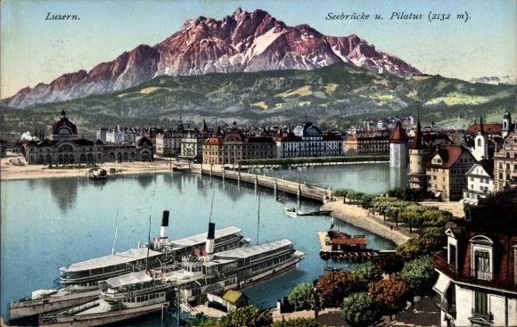 Postcard Luzern City Switzerland, Seebrücke and Pilatus