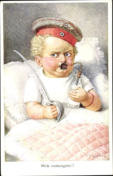 Künstler Ak Schubert, Mich aushungern, Kind mit Soldatenmütze, Säbel und Milchflasche, 1. WK