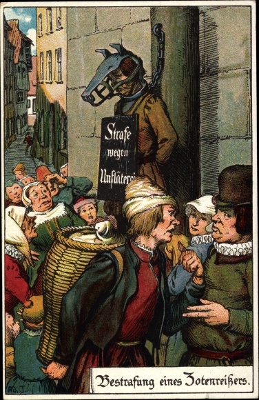 Künstler Litho Jodolfi, Bestrafung eines Zotenreißers, Hundemaske, Strafe wegen Unfläterei