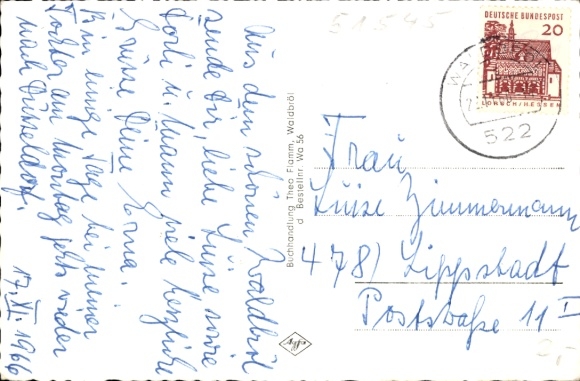 Postcard Waldbröl in the Oberbergischer Kreis, street section with view of church, house