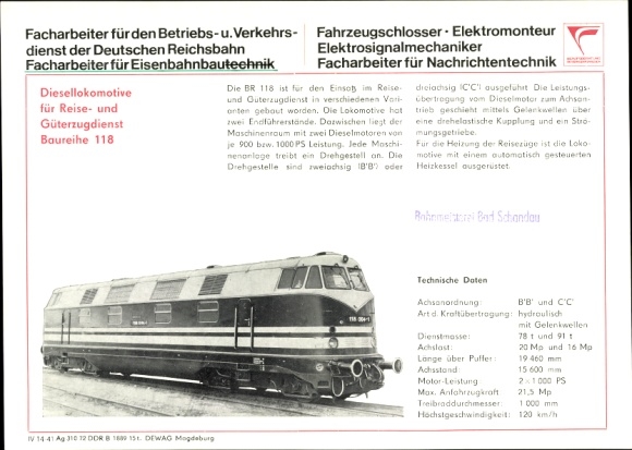 Timetable GDR Deutsche Reichsbahn, diesel locomotive BR 118, occupations around 1970