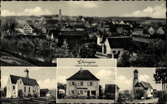 Postcard Ehingen in Swabia, general view, church, bakery and general store Xaver Ihle