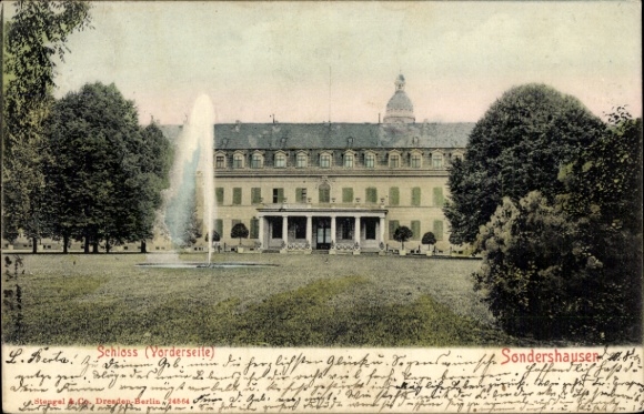 Postcard Sondershausen in the Kyffhäuserkreis Thuringia, castle, fountain, garden, two main buildings, green