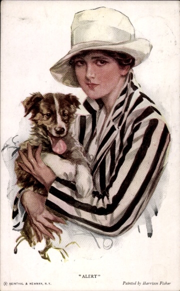 Artist Postcard Fisher, Harrison, woman in fashionable striped dress, dog