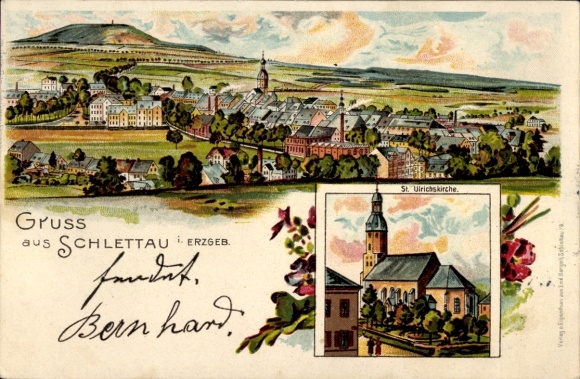 litho Schlettau in het Ertsgebergte, St. Ulrich's kerk, uitzicht op de stad